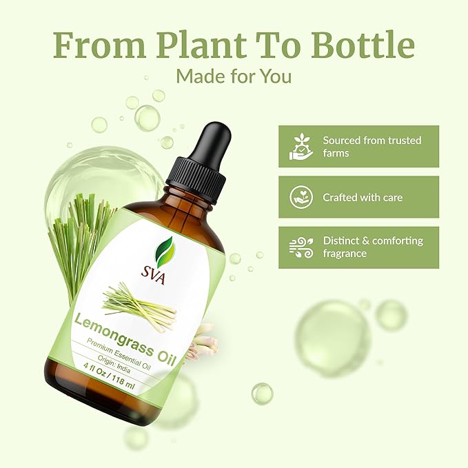 SVA Lemongrass Essential Oil – 4 Fl Oz – 100% Natural Lemongrass Oil - for Diffuser, Hair Care, Face, Skin Care, Aromatherapy, Scalp and Body Massage, Soap and Candle Making - with Dropper-Velvo Beauty