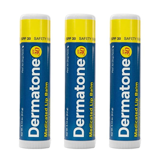 Dermatone Lip Balm SPF 30 | Medicated | Moisturizing | Cocoa Butter, Aloe, Vitamin E | Soothe & Replenish Chapped Lips | 3-Pack, 0.15 oz sticks-Velvo Beauty
