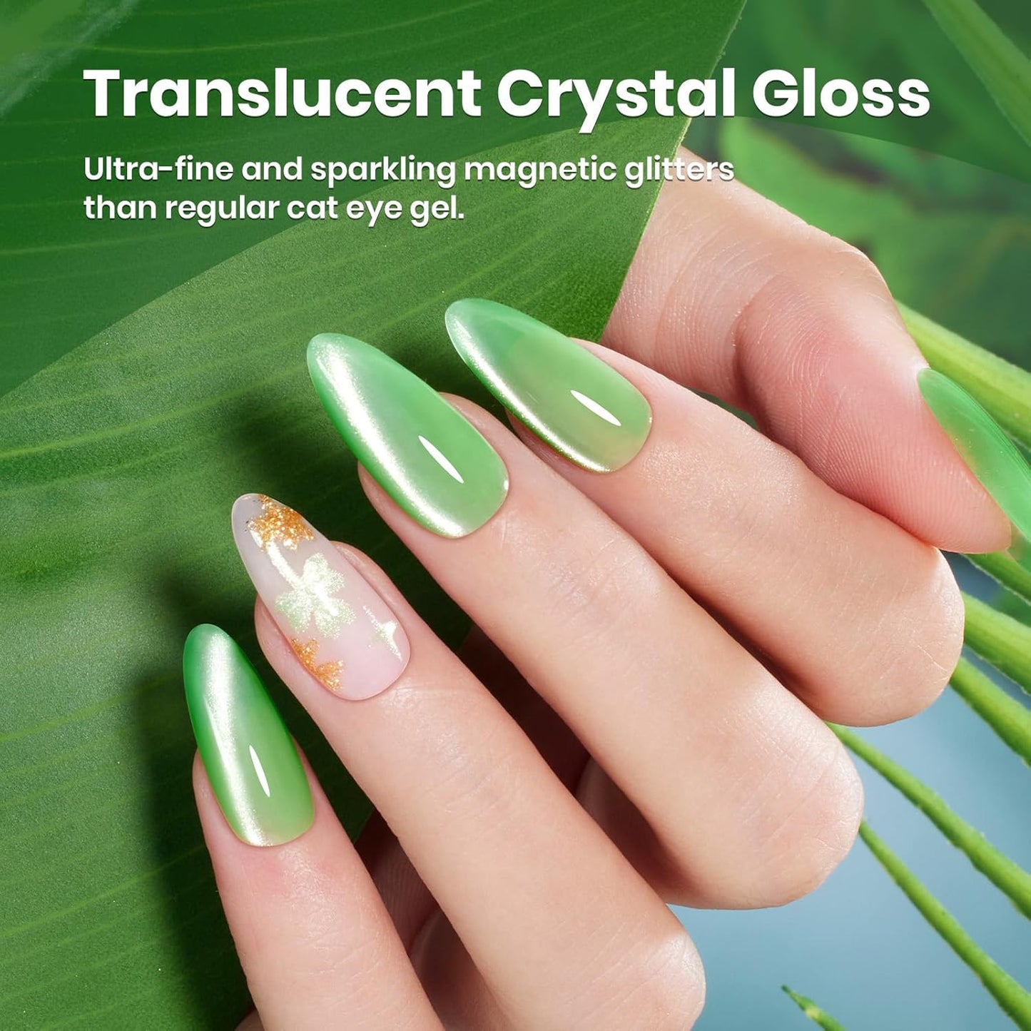 Beetles Green Cat Eye Gel Polish, 15ML Light Green Glass Cat Eye Glitter Gel Polish with Magnet Shimmer Translucent Sheer Color Soak Off UV Lunar Gleam Series French Nail Art Gift for Women-Velvo Beauty