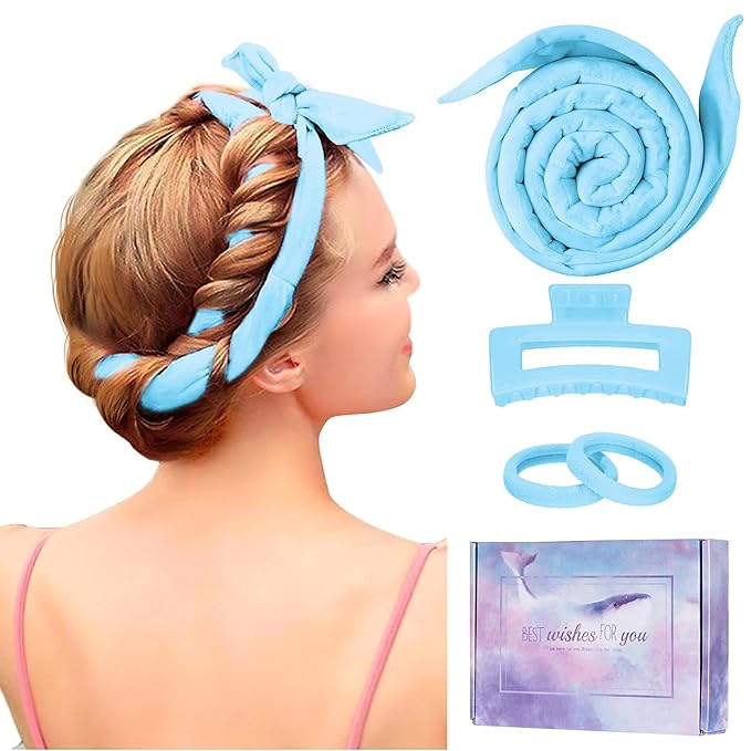 Heatless Curling Rod Headband, Upgraded 60" Extra Long Heatless Curls Headband Soft Hair Curlers to Sleep In Hair Rollers No Heat Curls (Blue)-Velvo Beauty