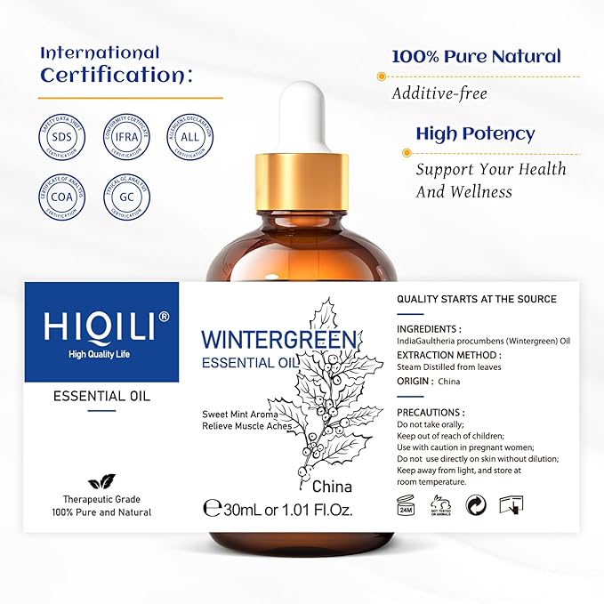 HIQILI 1 Fl Oz Wintergreen Essential Oil, 100% Pure Natural for Skin, Diffuser - 30ml-Velvo Beauty