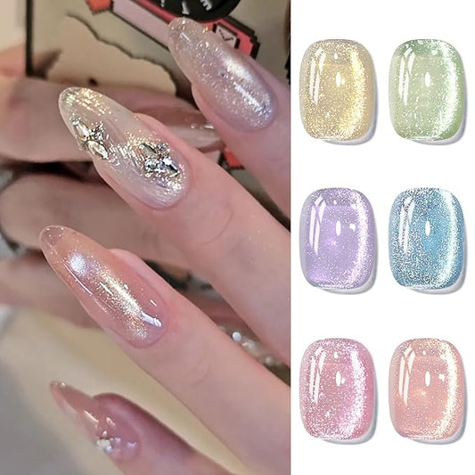 Born Pretty Cat Magnetic Eye Gel Nail Polish Spring Summer Pastel Shimmer Glitter Holographic Cat Magnetic Eye Gel Crystal Glass Cat Magnetic Gel Polish Manicure Nail Art DIY at Home 6PCS-Velvo Beauty