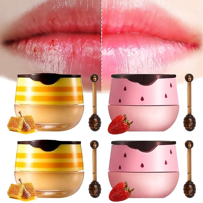 4PCS Lip Balm Honey Pot, Honey Pot Lip Balm for Dry Cracked Lips, Strawberry Lip Balm Scrubs Exfoliator & Moisturizer, Hydrating Lip Balm Honey Pot with Wand, Lip Sleeping Mask (D)-Velvo Beauty