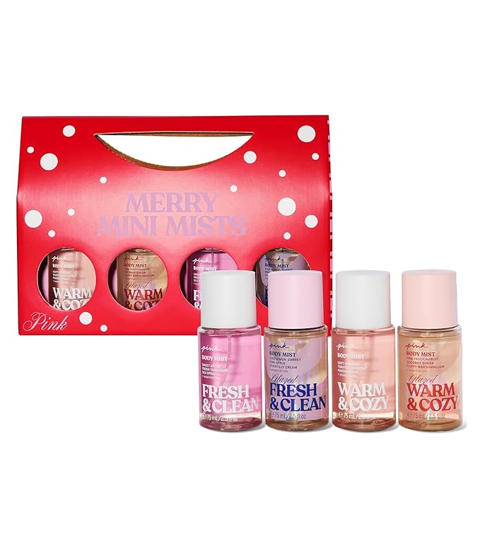 Victoria's Secret PINK 4 Piece Merry Mini Mists Gift Set: Warm & Cozy and Fresh & Clean, Assorted Scents-Velvo Beauty