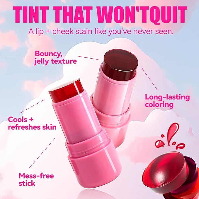 Cooling Water Jelly Tint,Jelly Blush Stick,Long Lasting Milk Jelly Blush Stick-1,000+ Swipes Per Stick,Jelly Texture Moisturising,Buildable Watercolor Finish (B, S)-Velvo Beauty