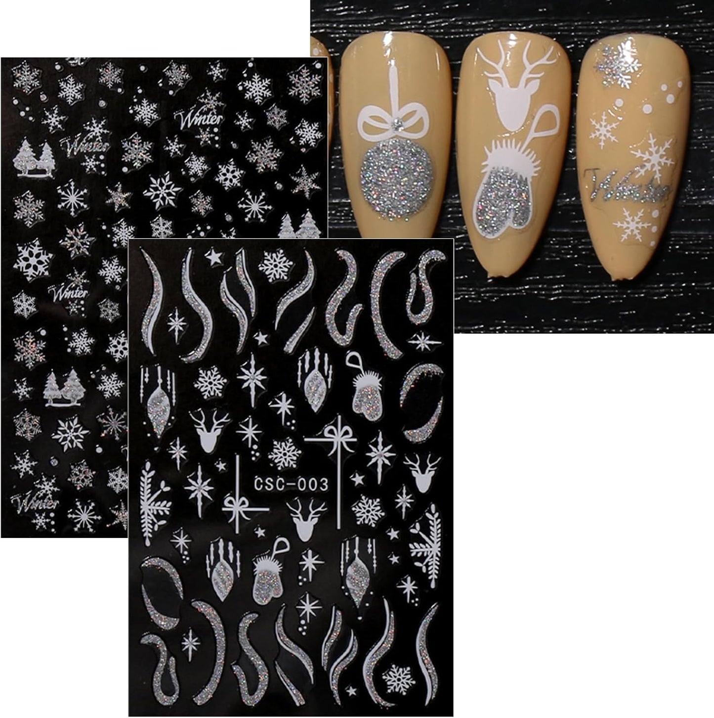 JMEOWIO 8 Sheets Christmas Glitter Nail Art Stickers Decals Self-Adhesive Snowflake Winter Holiday Cute Silver White Nail Supplies Nail Art Design Decoration Accessories-Velvo Beauty