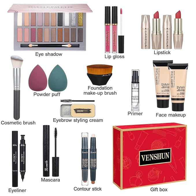 All in One Makeup Kit for Women Full Kit Includes Palette Foundation & Face Primer, Makeup Brush Makeup Sponge, Eyebrow Soap, Winged Eyeliner Stamp 20 Colors Eyeshadow Gift Set for Women, Girls & Teen-Velvo Beauty
