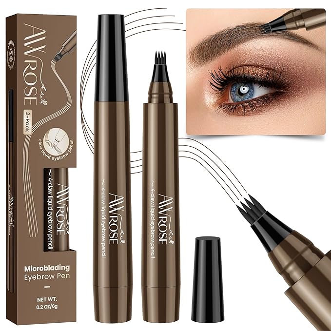 AWROSE Eyebrow Pencil, 2 Pack 3D Waterproof Microblading Eyebrow Pen 4 Fork Tip Tattoo Pencil, Precise Natural Magic Eye Brow Pen with Hair Like Strokes, 4 Points Multi-Used Eye Brow Pencils for Women-Velvo Beauty
