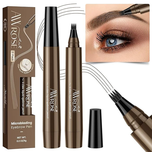 AWROSE Eyebrow Pencil, 2 Pack 3D Waterproof Microblading Eyebrow Pen 4 Fork Tip Tattoo Pencil, Precise Natural Magic Eye Brow Pen with Hair Like Strokes, 4 Points Multi-Used Eye Brow Pencils for Women-Velvo Beauty