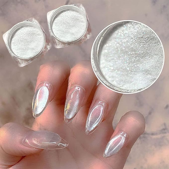 2Pcs Pearl Chrome Nail Powder - Ice Transparent Aurora, White Chameleon Iridescent Pigment for Nails - High Gloss Pearlescent Glitter (2pc White)-Velvo Beauty