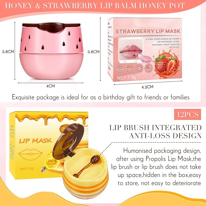 12 Pcs Bee Lip Balm Honey Pot with Brush Propolis Lip Mask Overnight, Moisturizing Hydrating Lip Sleeping Mask Prevention Dry and Cracked(Honey+Strawberry)-Velvo Beauty