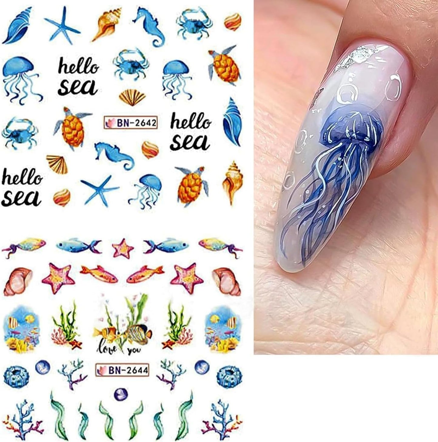 Summer Nail Art Stickers 12 Sheets Seashell Starfish Water Transfer Foils Decals Jellyfish Shells Sea Turtles Seahorses Design Acrylic Ocean Theme Supplies for Women DIY Decor-Velvo Beauty