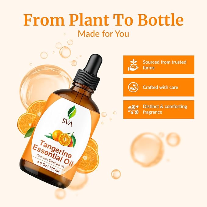 SVA Tangerine Essential Oil – 4 Fl Oz – 100% Natural Tangerine Oil - for Diffuser, Hair Care, Face, Skin Care, Aromatherapy, Scalp and Body Massage, Soap and Candle Making – with Dropper-Velvo Beauty