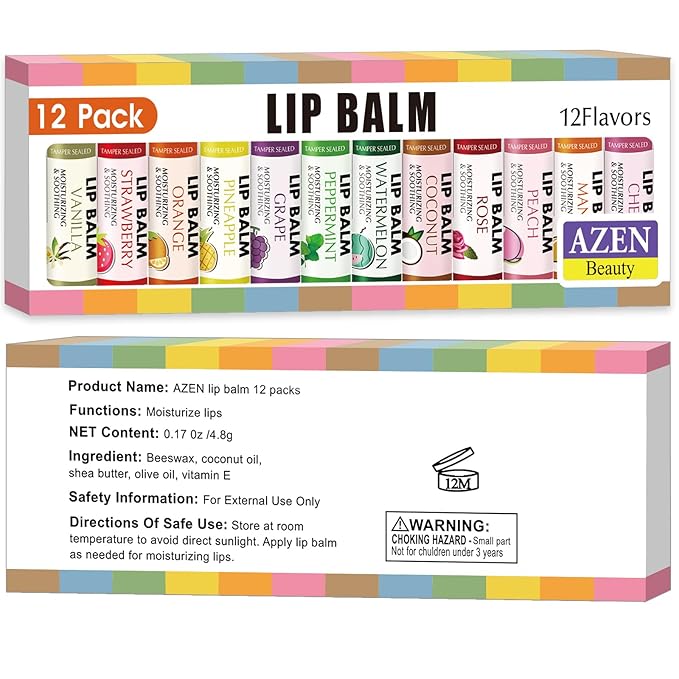 AZEN 12 Pack Lip Balm, Natural Lip Balm Bulk, Lip Care Product, Moisturizing Lip Balm for dry cracked lips - 12 Flavors-Velvo Beauty