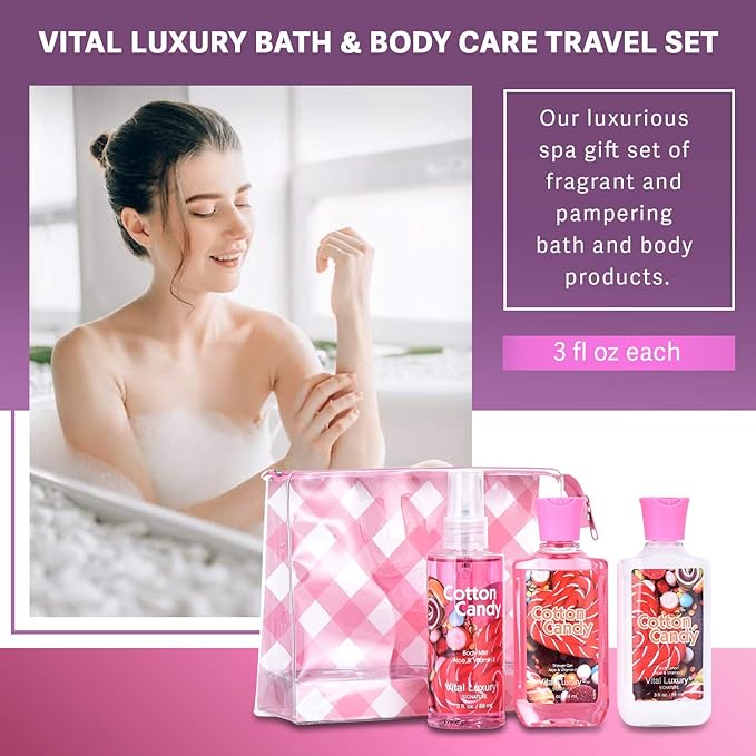 Bath & Body Care Travel Set - Home Spa Set with Body Lotion, Shower Gel and Fragrance Mist, Valentines Day Gifts for Her and Him(Cotton Candy)-Velvo Beauty