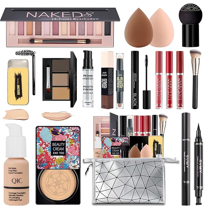 All in One Makeup Kit,Includes Naked Eyeshadow,Liquid Foundation,CC Cream,Lipstick Set,Mascara,Makeup Brush,Makeup Sponge,Eyebrow Powder,Eyebrow Soap,Eyeliner Stamp, Primer,Contour Stick,Cosmetic Bag-Velvo Beauty