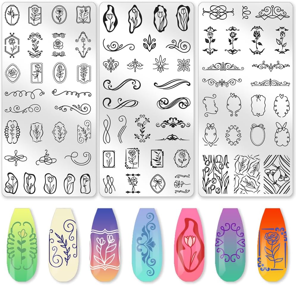 3Pcs Tulip Nail Stamping Plate Set Floral Irregular Geometric Frames Steel Nail Stamp Templates Clear Silicone Nails Stamping with Stamper Scraper for Manicure Printing-Velvo Beauty