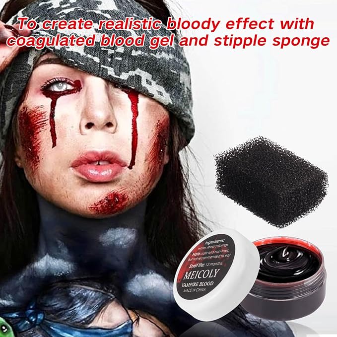 MEICOLY 7PCS Halloween Special Effects SFX Makeup Kit for Theatre Stage Performance,Scar Wax+Spatula Tool+Coagulated Blood+Black Stipple Sponges+White Sponges+Black Tooth Paint+Scar Wax Adhesive-Velvo Beauty
