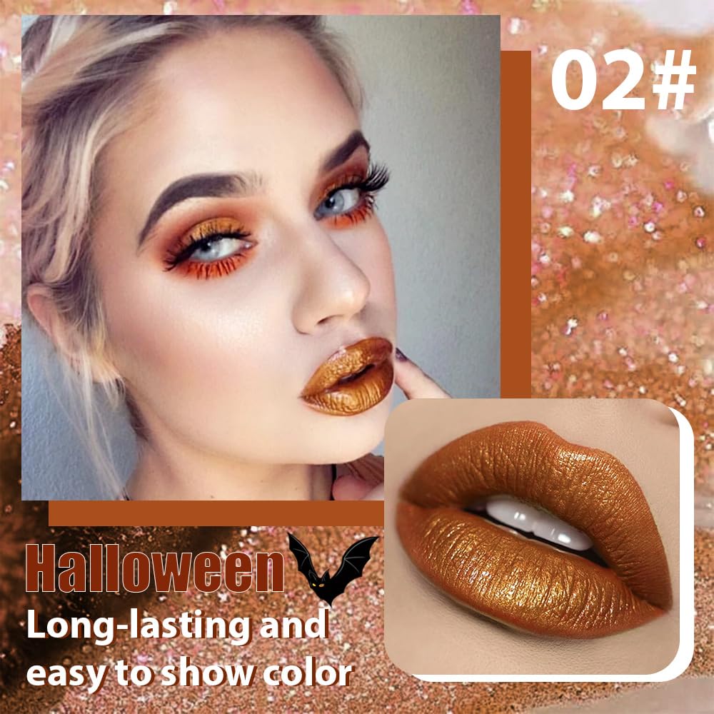 Golden Brown Metallic Lipstick for Women,Glitter Sparkling Liquid Lipstick,Long Lasting Waterproof Lightweight Comfortable Non-Drying Bold Dark Lip Gloss for Gothic Stage Makeup,Vegan-Velvo Beauty