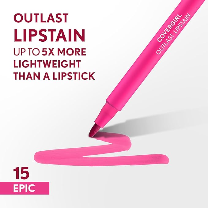 COVERGIRL Outlast, 15 Epic, Lipstain, Smooth Application, Precise Pen-Like Tip, Transfer-Proof, Satin Stained Finish, Vegan Formula, 0.06oz-Velvo Beauty
