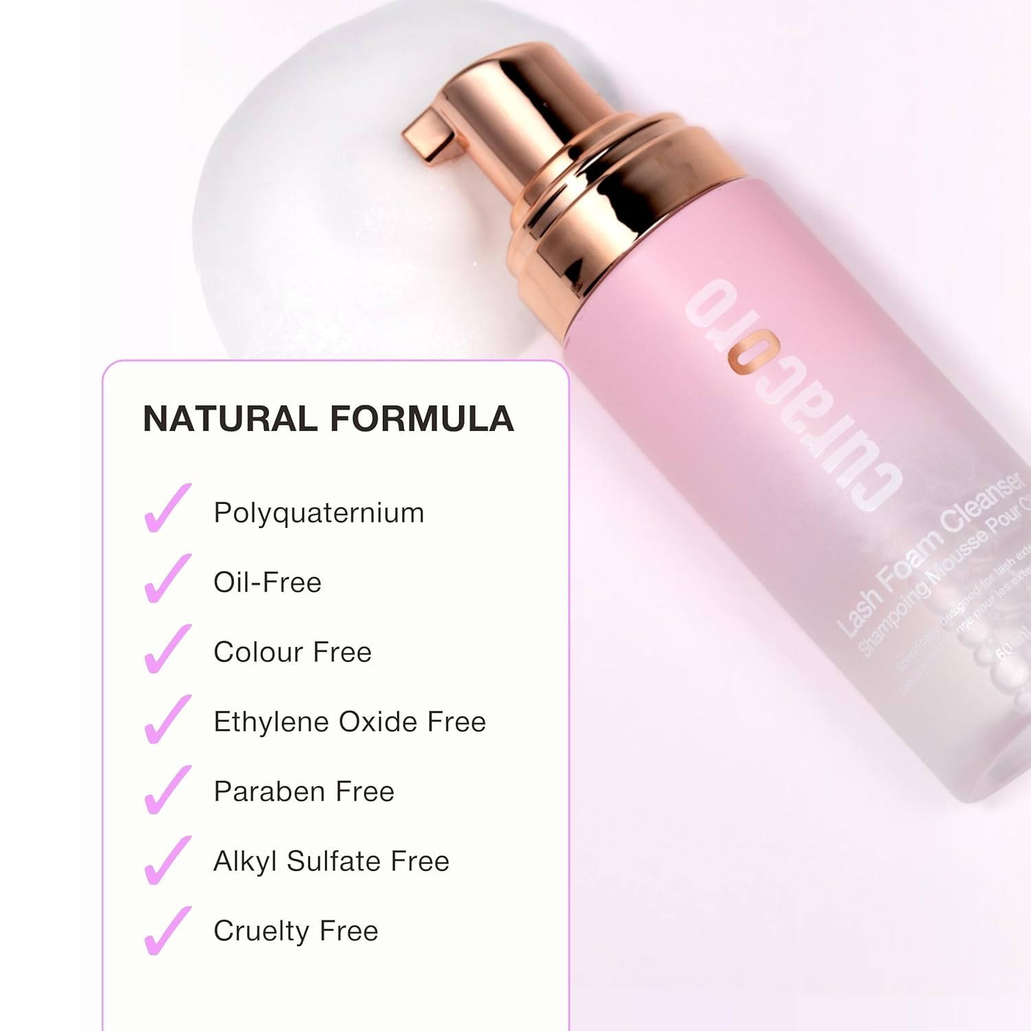 CURACORO 60ML Eyelash Extension Cleanser (Rose Scented) - Lash Shampoo for Lash Extensions, Eyelash Extension Foam Cleanser for Sensitive Skin, Removes Waterproof Makeup for Professional & Home Use-Velvo Beauty