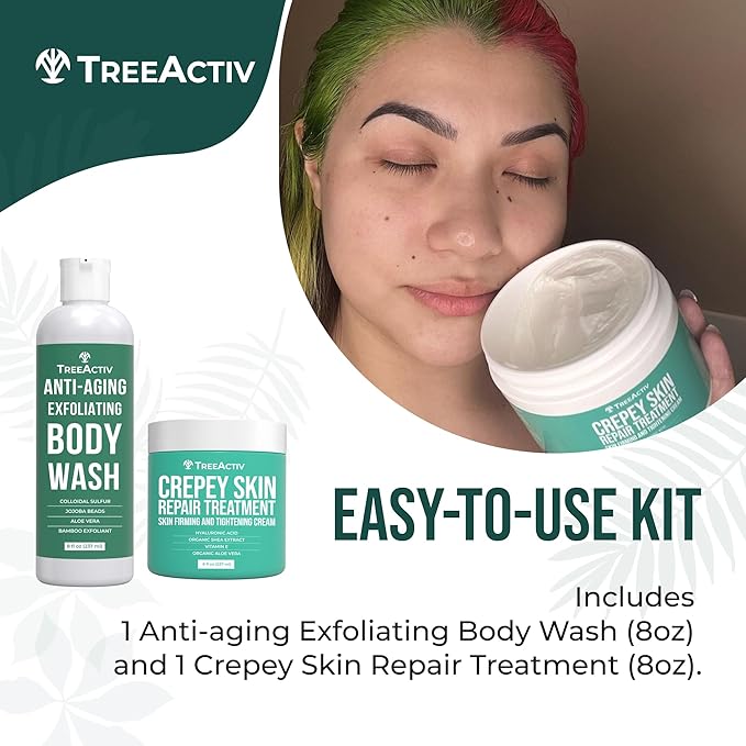 TreeActiv Crepey Skin Repair Kit, Includes Anti-Aging Exfoliating Body Wash, 8oz, Crepe Skin Cream, 8oz, Skin Tightening Cream for Body and Face. Hydrates and Tighten Dry Crepe Skin, Crepe Skin Cream-Velvo Beauty