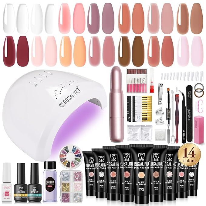 ROSALIND Poly Nail Gel Kit -14 Colors + 75 Nail Art Accessories Kit Nude Pink Series Poly Gel with Big Uv Light 48W and Electric Nail Drill Poly Nail Gel Starter Kit with Everything Gift-Velvo Beauty