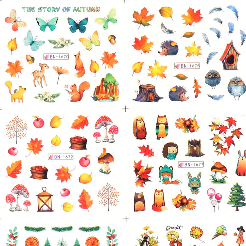 Fall Nail Stickers Autumn Maple Leaf Nail Art Decals Thanksgiving Day Water Decal Transfer Slider Set Turkey Pumpkin Nail Art Foil Stickers Nail Supplies Accessories Decoration Manicure Tips 12 Design-Velvo Beauty