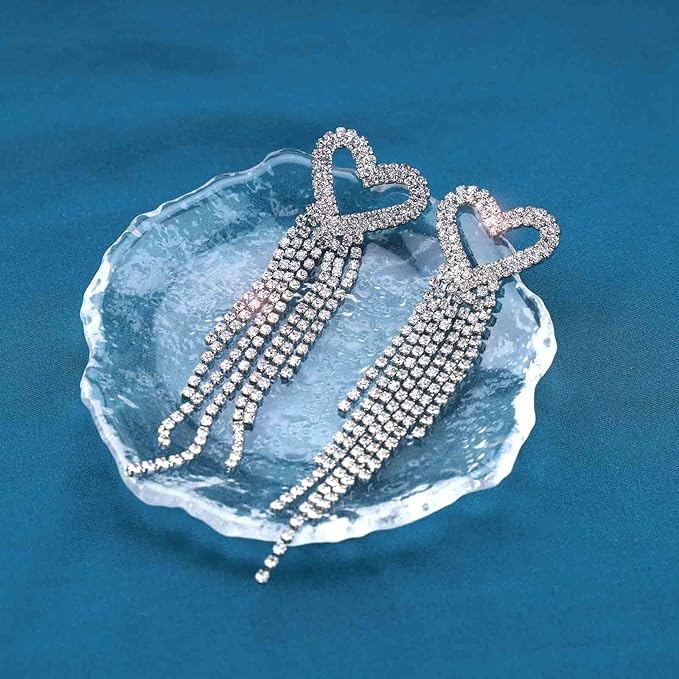 Boho Rhinestone Heart Tassel Earrings Long Tassel Chain Dangle Earrings Silver Crystal Cz Love Heart Studs Earrings Long Chandelier Dangle Earrings Wedding Cz Fringe Chain Earrings Jewelry for Women and Girls-Velvo Beauty