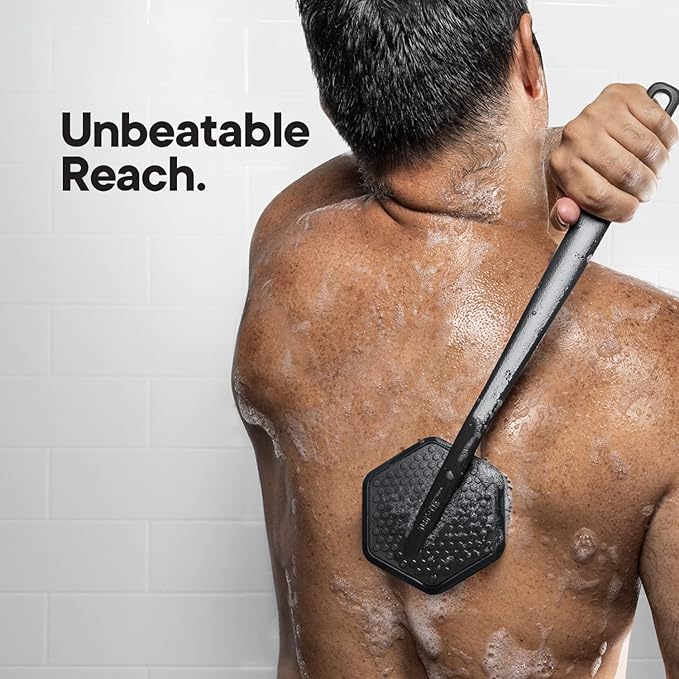 TOOLETRIES Silicone Back Scrubber - Exfoliating Shower Brush, Back Washer for Men, Durable Back Brush with Long Handle - Long Lasting Bath & Shower Accessories - Charcoal-Velvo Beauty