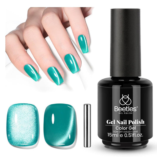 Beetles Green Cat Eye Gel Nail Polish - 15M Green Glass Cat Eye Gel Polish with Magnet Shimmer Translucent Sheer Color Soak Off UV Teal Radiance Series French Nail Art Gift for Women-Velvo Beauty