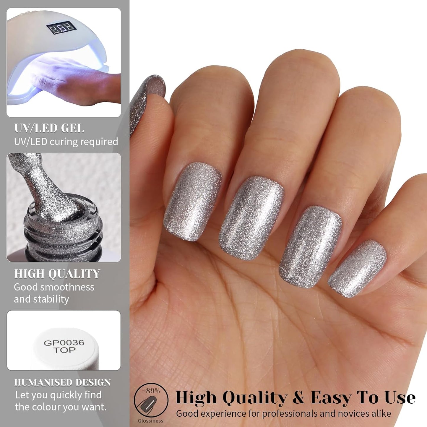 Silver Glitter Gel Polish,15ml UV/LED Soak Off Sparkly Metallic Silver Gel Nail Polish for Manicure Salon or DIY Nail Art at Home,French Tip Color- GP0091-Velvo Beauty