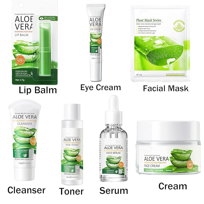 8Pcs Skin Care Products Set, Aloe Vera Skin Care Sets, Skin Care Gift Set for Women Girls, Skincare Routine Set, Face Care Kit with Cleanser, Mask, Toner, Serum, Lip Balm, Eye Cream, Moisturizer-Velvo Beauty