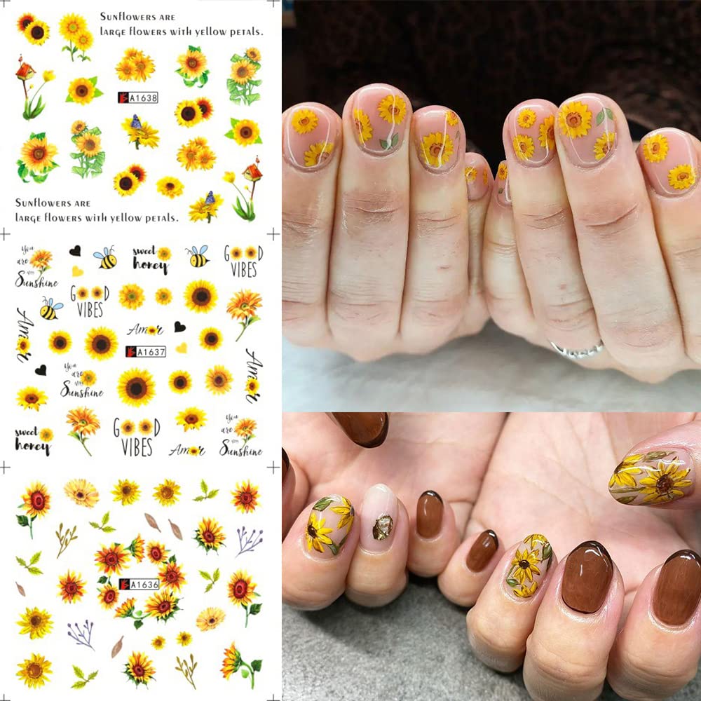 Sunflower Nail Stickers Decals Spring Summer Nail Art Water Transfer Floral Butterfly Honeybee Yellow Flower Supplies Cute Accessories for Women Girls 12Pcs-Velvo Beauty