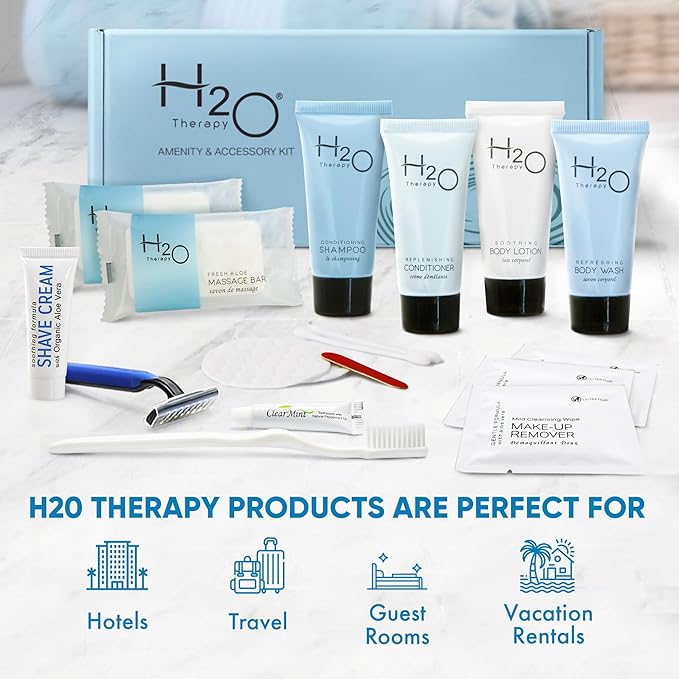 H2O Therapy Amenity & Accessory Kit | 0.85 oz Travel Size Shampoo, Conditioner, Lotion, Body Wash, Massage Bar, Cleansing Bar, Shave & Dental Sets, Make-Up Remover Wipes, & Vanity Kit | 15 sets/case-Velvo Beauty