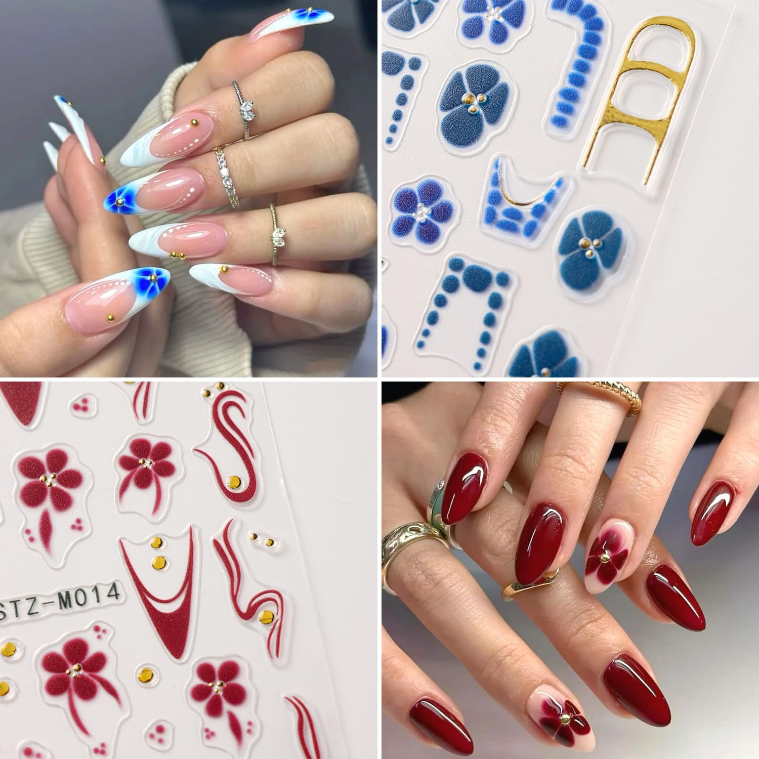 4Pcs Flower Nail Stickers for Nail Art - French Nail Art Stickers Autumn Winter Wine Red Brown Blue Floral Leopard Print Pattern 3D Self-Adhesive Nails Sliders Flowers Sticker for Nails Decoration-Velvo Beauty
