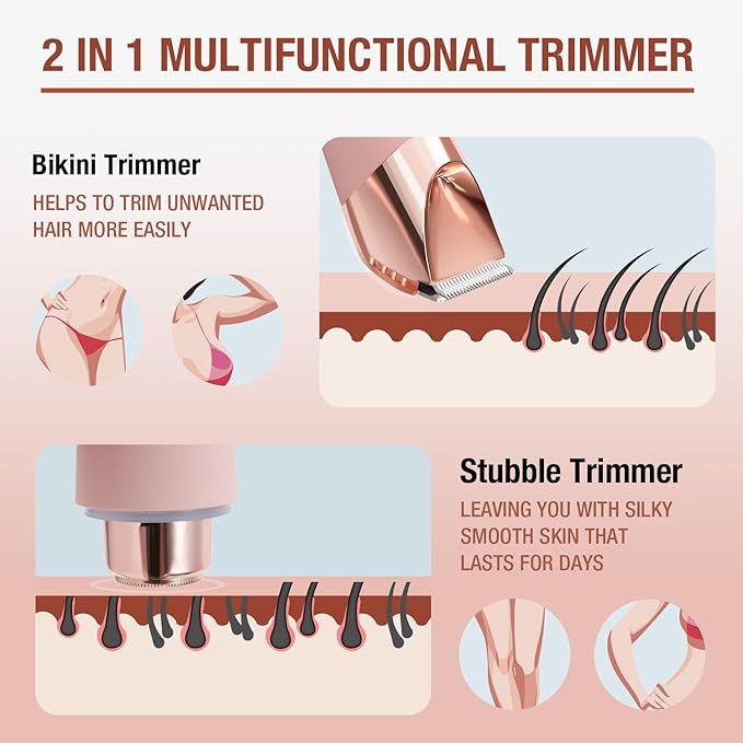 SUPRENT Bikini Trimmer Women- Painless Ladies Hair Removal Waterproof Wet & Dry- 2 in 1 Lady Shaver for Pubic Hair & Facial Hair- Cordless Electric Razors with USB-C Rechargeable-Pink-Velvo Beauty
