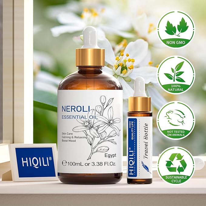 HIQILI Neroli Essential Oil 3.38 Fl Oz, Pure Natural Neroli Oil for Skin, Diffuser, Includes 10ML Travel Bottle - 100ML-Velvo Beauty