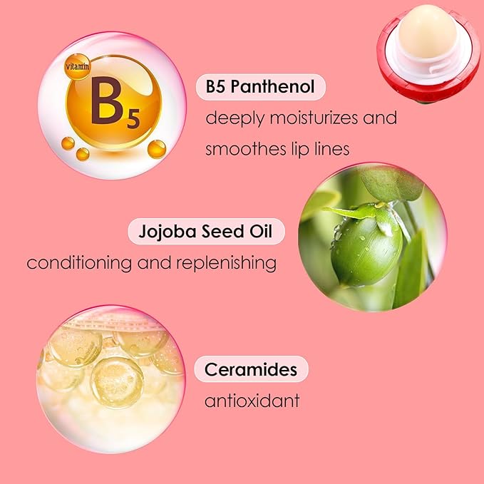 KISSIO Lip Balm,Strawberry Lip Balm,Lip Care with B5 Panthenol,Jojoba Seed Oil and Ceramide,Moisturize and Soothe Chapped Lips,Reduces Lines and Enhances Lip Elasticity,Cruelty Free,0.12 oz(02#)-Velvo Beauty