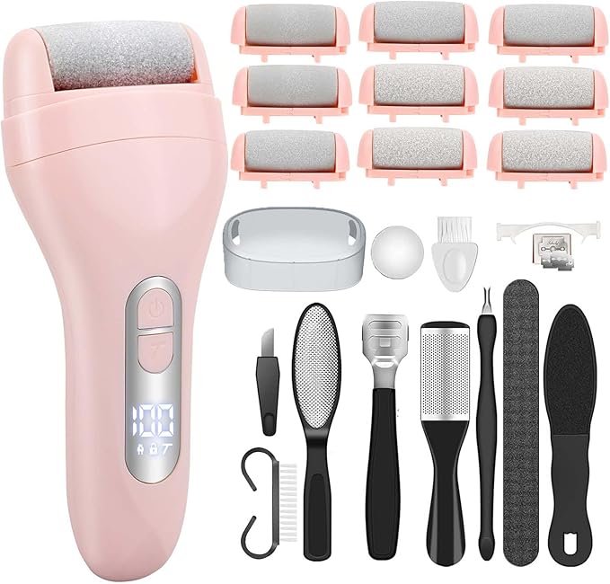 Electric Callus Remover for Feet - with 9pcs Larger Grinding Head, Portable Pedicure Kit Foot File Callus Remover, Rechargeable Waterproof Foot File for Foot Care Deadskin Remover LCD Display-Pink-Velvo Beauty