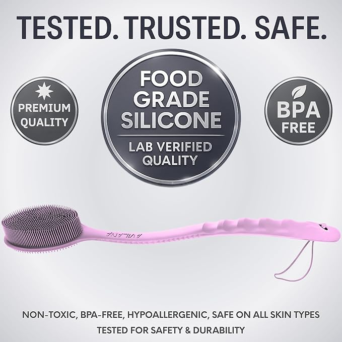 Avilana Silicone Body Scrubber – Gentle Shower Brush & Loofah Alternative- Food Grade & Lab Tested – Fast-Drying, Hygienic, BPA-Free Silicone Body Gentle Exfoliator (Pink, Long Handle)-Velvo Beauty