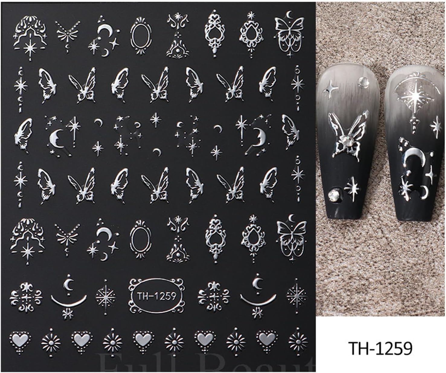 Metallic Silver Nail Art Stickers 3D Self-Adhesive Nails Stickers Bohemian Sun Moon Hexagram Butterfly Heart French Tip Decal Supplies Women DIY Silver Metal Nail Art Decoration 4Sheets-Velvo Beauty