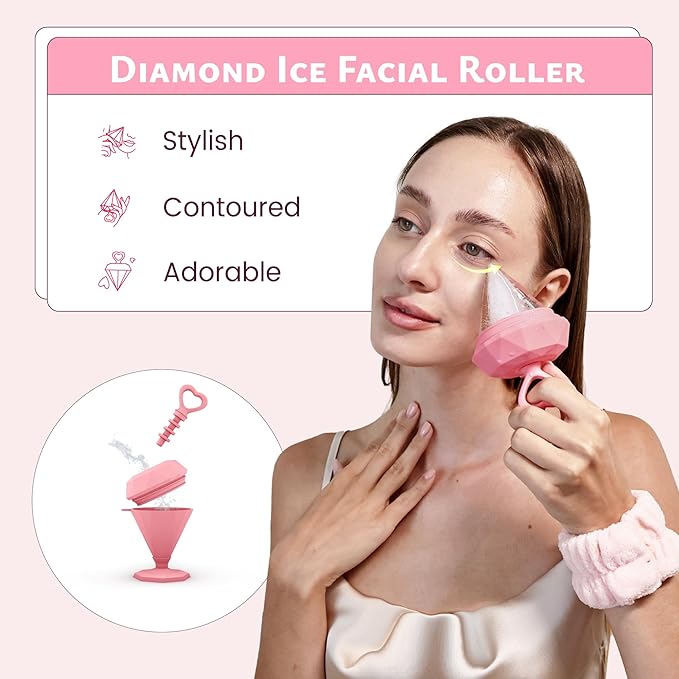 Rena Chris Ice Roller for Face: Diamond Ice Facial Roller, Reach Detailed Areas, De-Puff Eye Bags, Reusable Silicone Massage Ice Mold with Face Wash Wristband, Skin Care Tools for Women(Pink)-Velvo Beauty