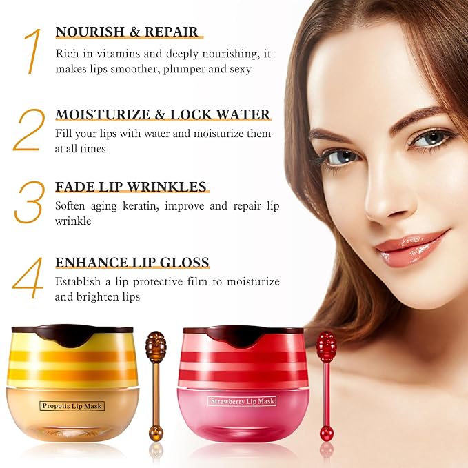 2 PCS Bee Honey Lip Balm Honey Pot, Strawberry & Bee Honey Lip Mask, Reduces Lip Lines, Hydrate & Moisturizing Lip Skin Care, Prevention Dry Cracked Lips, Bee Honey Lip Balm for Lip Repair Treatment-Velvo Beauty