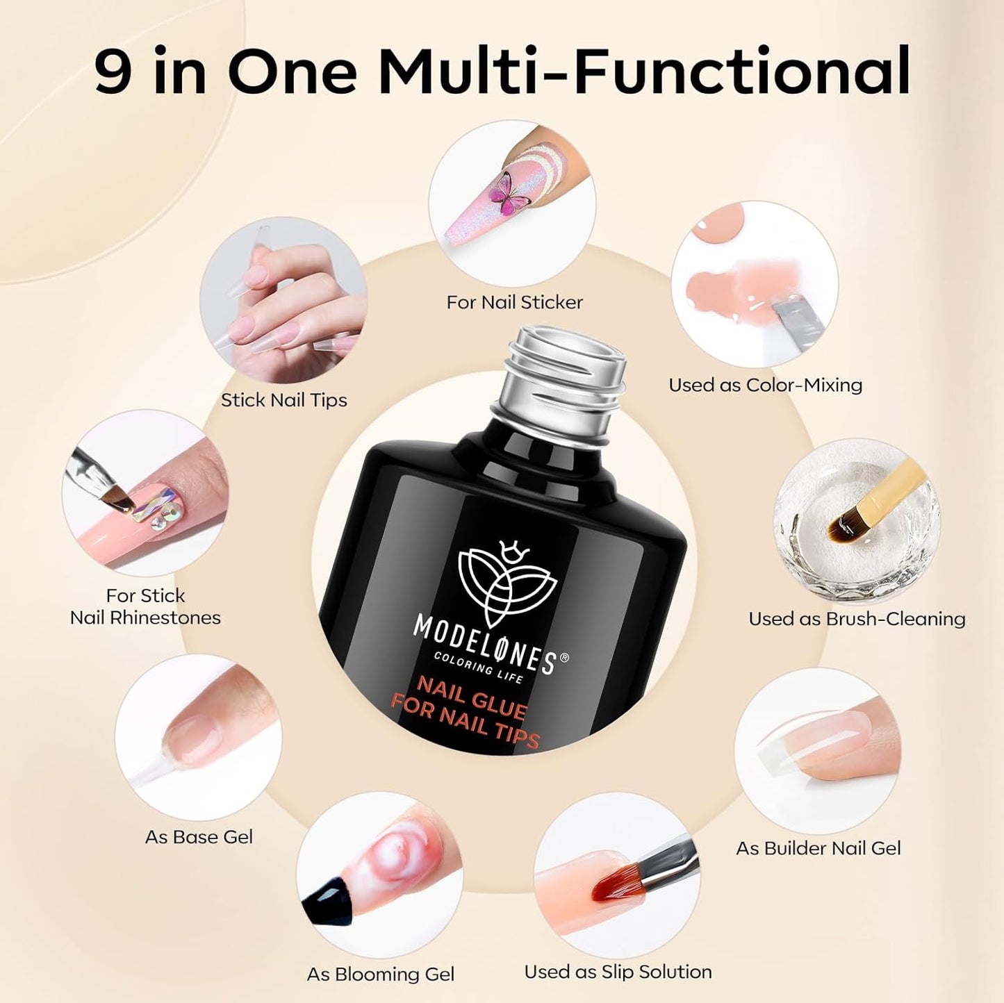 modelones 9 in One Gel Nail Glue Brush On Nail Glue 15 ml for Tips, Rhinestones, Base Coat, Blooming Art Gel Kit for Press on Nails Acrylic Tips U V Lamp Needed 2Pcs-Velvo Beauty