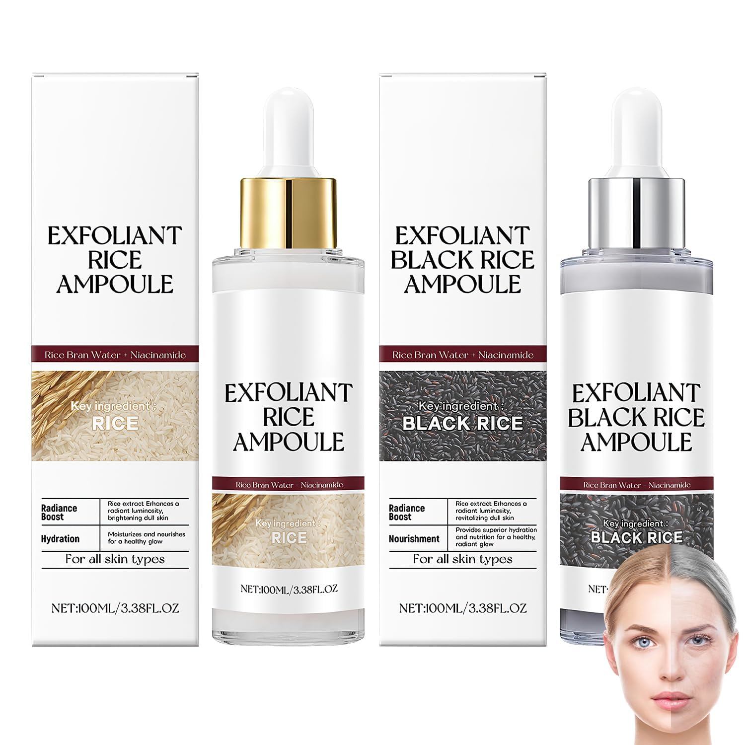 Rice Exfoliant Ampoule Duo, Black and White Face Peeling Solution, Moisturizing Pore Minimizer, 2-Pack, 100ml-Velvo Beauty