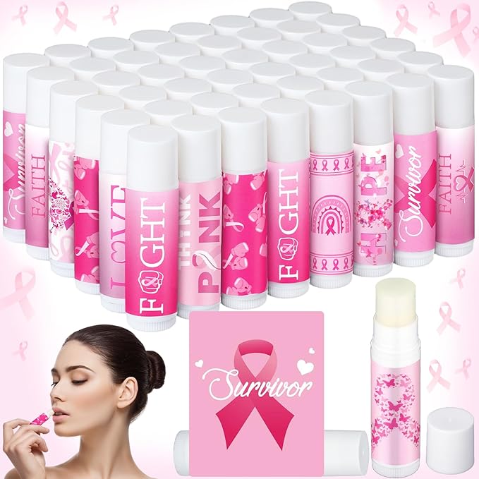 50 Pack Breast Cancer Awareness Favors Bulk Lip Balms Gifts Pink Ribbon Lip Balms Favors Breast Cancer Awareness Month Accessories Support Party Items Decorations for Women Men Survivors-Velvo Beauty