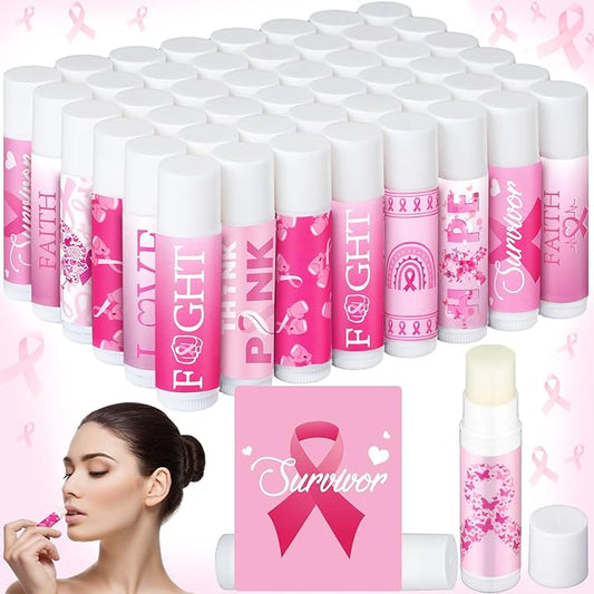 50 Pack Breast Cancer Awareness Favors Bulk Lip Balms Gifts Pink Ribbon Lip Balms Favors Breast Cancer Awareness Month Accessories Support Party Items Decorations for Women Men Survivors-Velvo Beauty