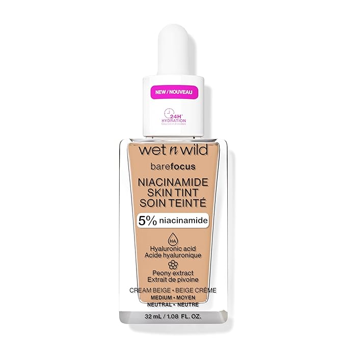wet n wild Bare Focus Skin Tint, 5% Niacinamide Enriched, Buildable Sheer Lightweight Coverage, Natural Radiant Finish, Hyaluronic & Vitamin Hydration Boost, Cruelty-Free & Vegan - Cream Beige-Velvo Beauty