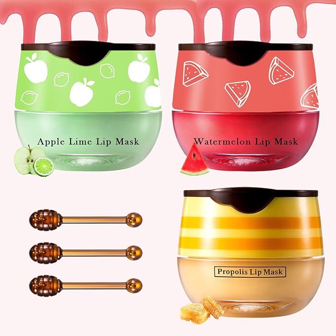 3PCS Bee Lip Balm Honey Pot Honey Watermelon Green Apple Lip Balm Lip Sleeping Mask Moisturizing Hydrating Bee Lip Balm Lip Care Products for All Skin Types (Honey Watermelon Green Apple)-Velvo Beauty
